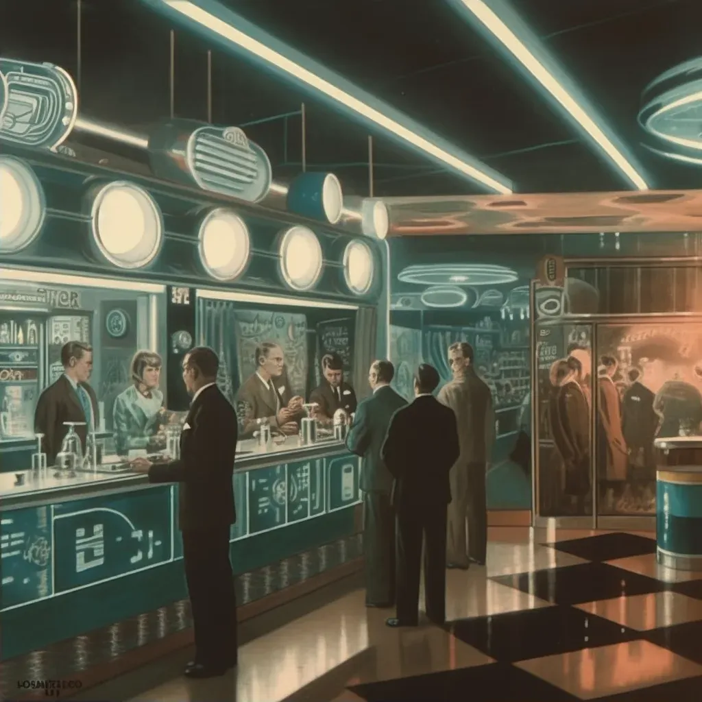 Neon-Lit Diner in 1950s Style with Robotic Waitstaff and Holographic Menu Boards