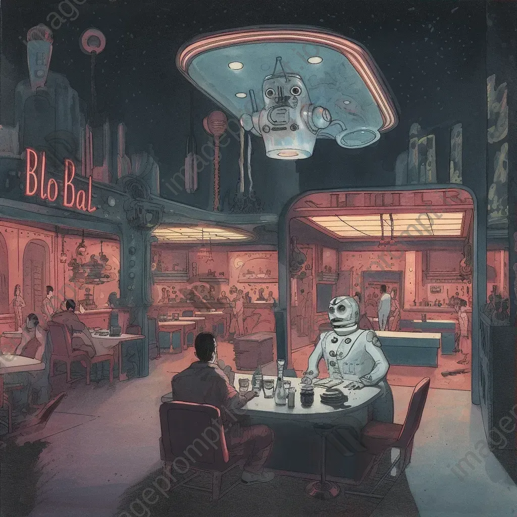 Neon-lit diner in 1950s style with robotic waitstaff and holographic menu boards - Image 3