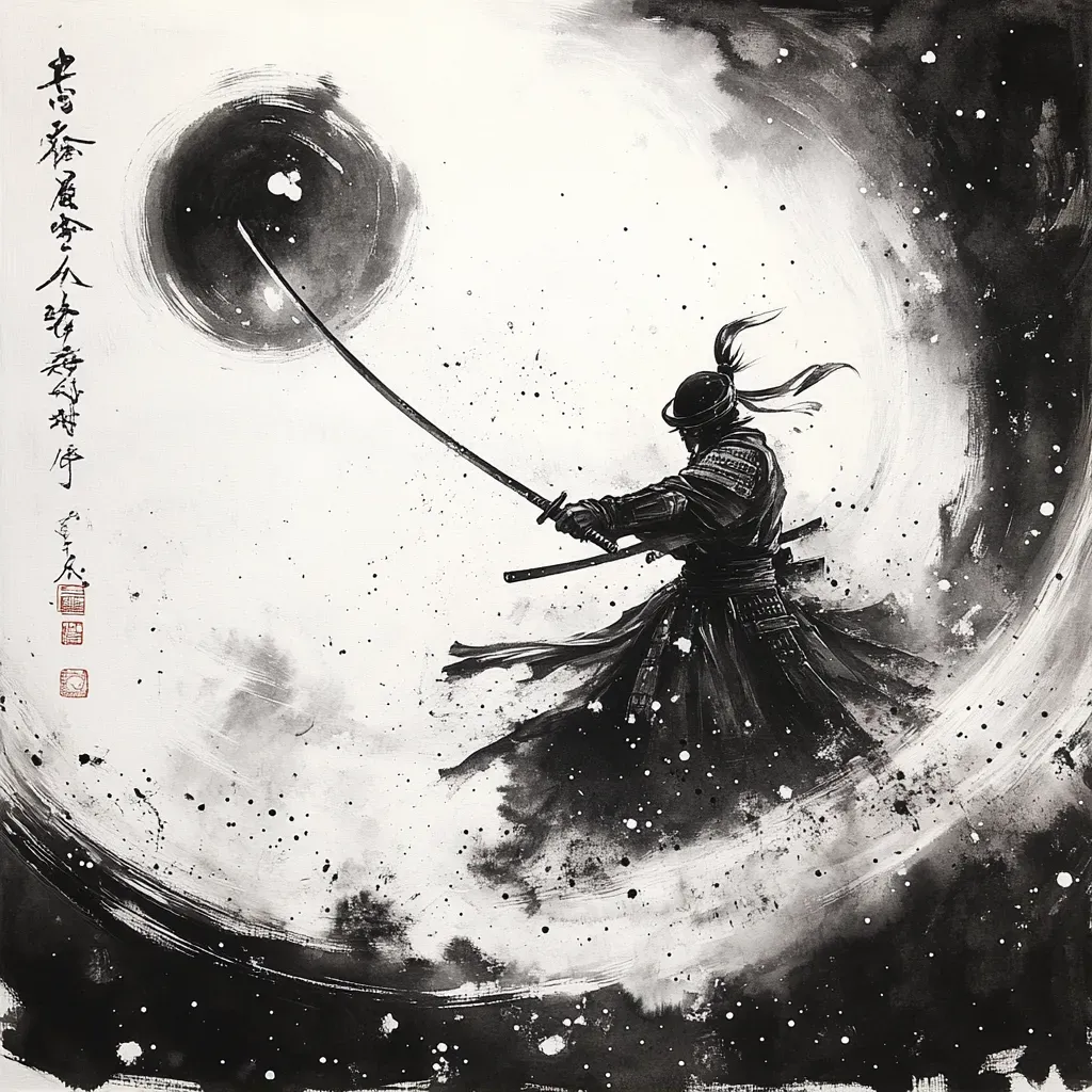 Galactic samurai wielding a stardust katana, depicted in ink wash painting technique, amidst cosmic battle - Image 2