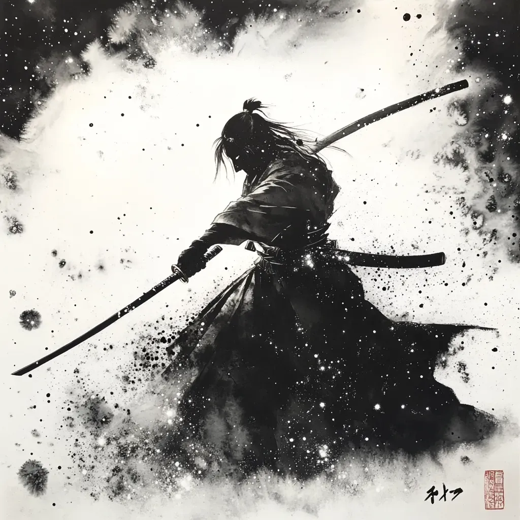 Galactic samurai wielding a stardust katana, depicted in ink wash painting technique, amidst cosmic battle - Image 3