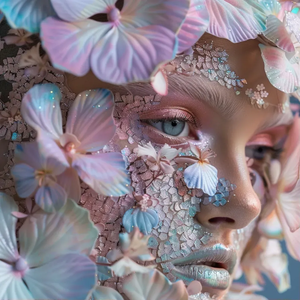 Close-up of intricate floral-inspired makeup with delicate petals and pastel hues - Image 1