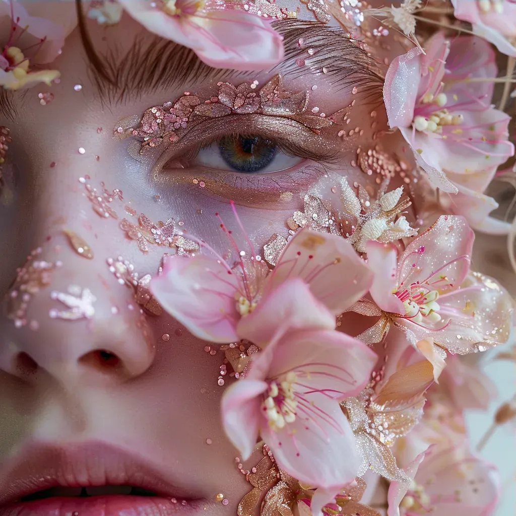 Close-up of intricate floral-inspired makeup with delicate petals and pastel hues - Image 3