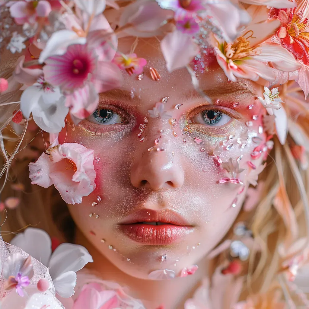 Close-up of intricate floral-inspired makeup with delicate petals and pastel hues - Image 4