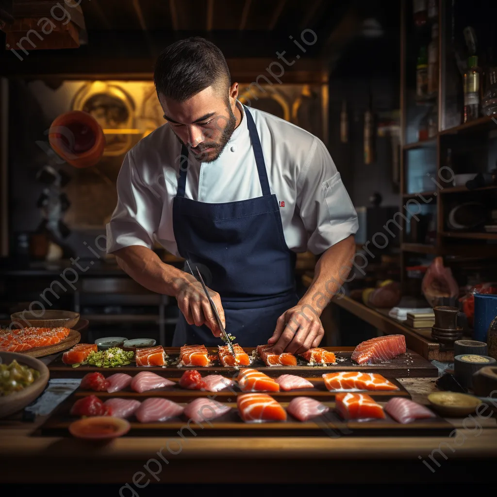 Chef skillfully preparing sushi on a bamboo mat - Image 1