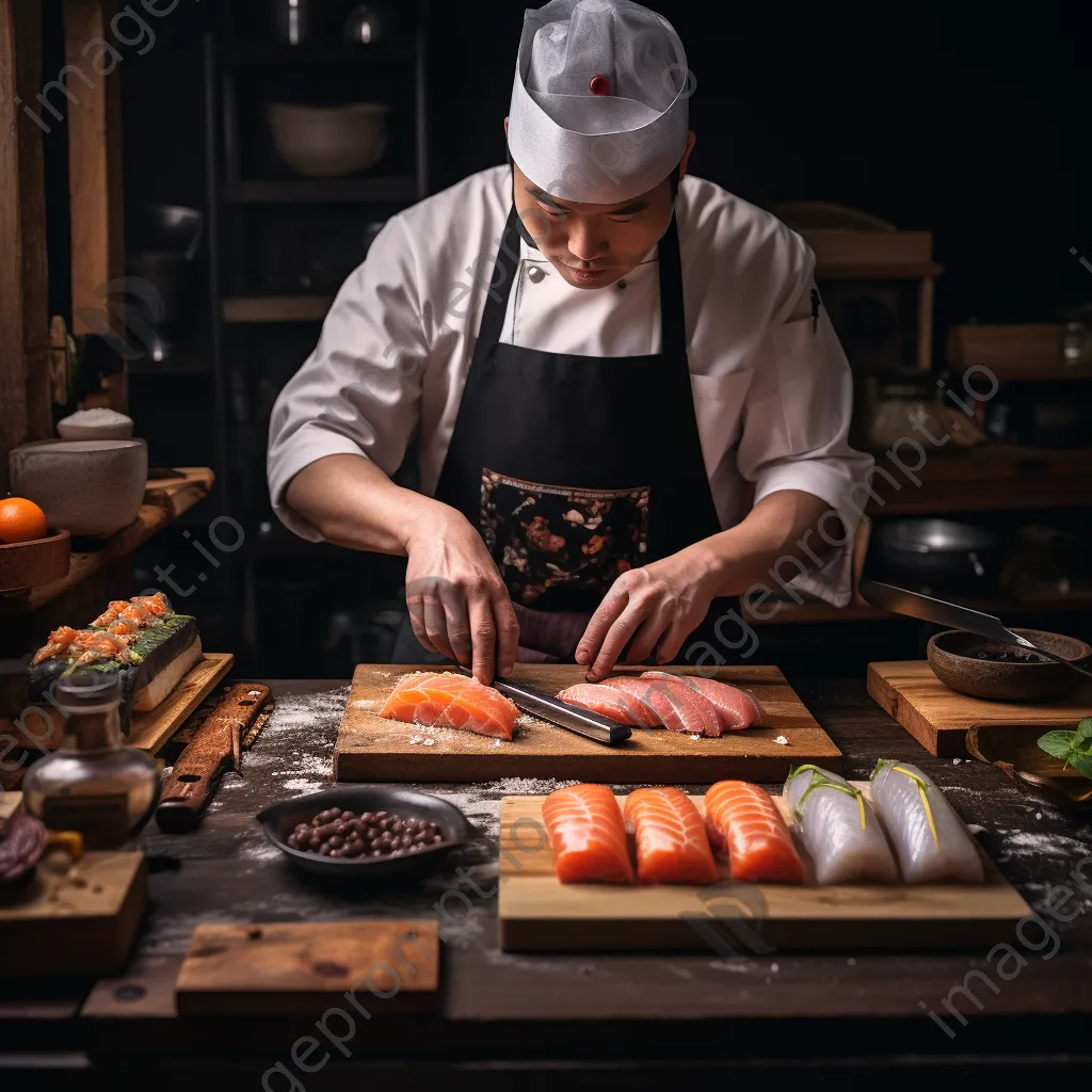 Chef skillfully preparing sushi on a bamboo mat - Image 2