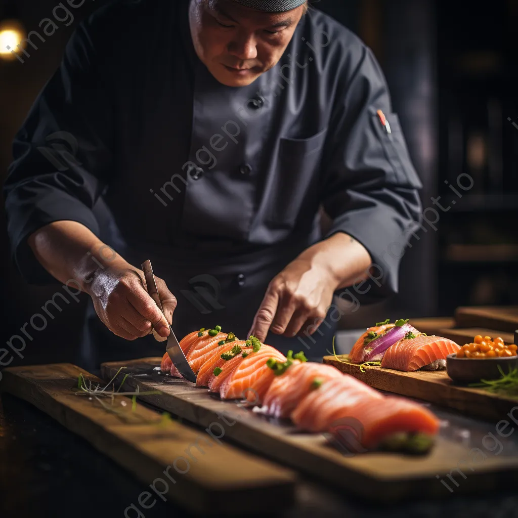 Chef skillfully preparing sushi on a bamboo mat - Image 3