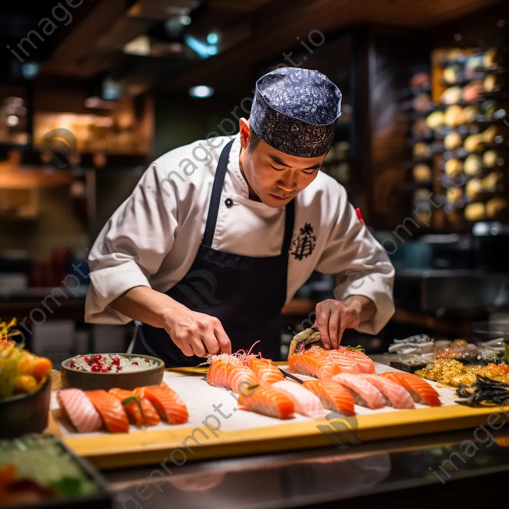 Chef skillfully preparing sushi on a bamboo mat - Image 4