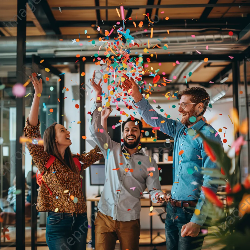 Startup team celebrating product launch with confetti in an office. - Image 1