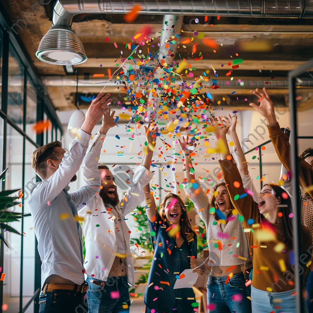 Startup team celebrating product launch with confetti in an office. - Image 2