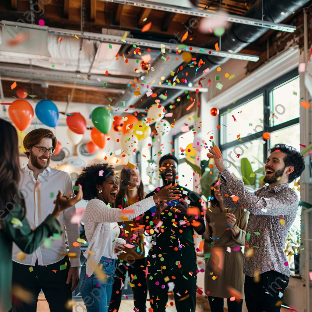 Startup team celebrating product launch with confetti in an office. - Image 3