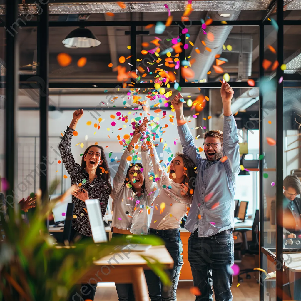 Startup team celebrating product launch with confetti in an office. - Image 4