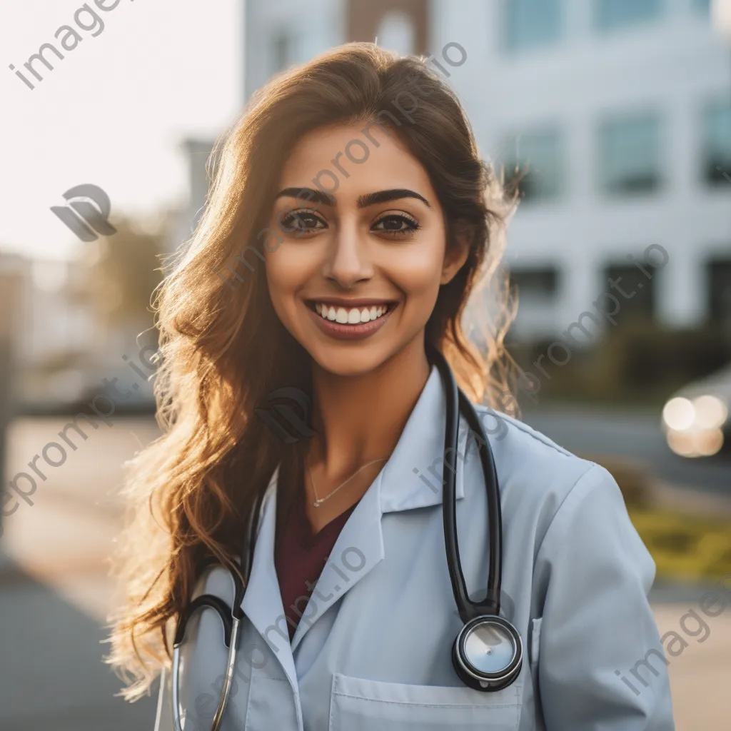 Female doctor smiling with stethoscope outside hospital - Image 1