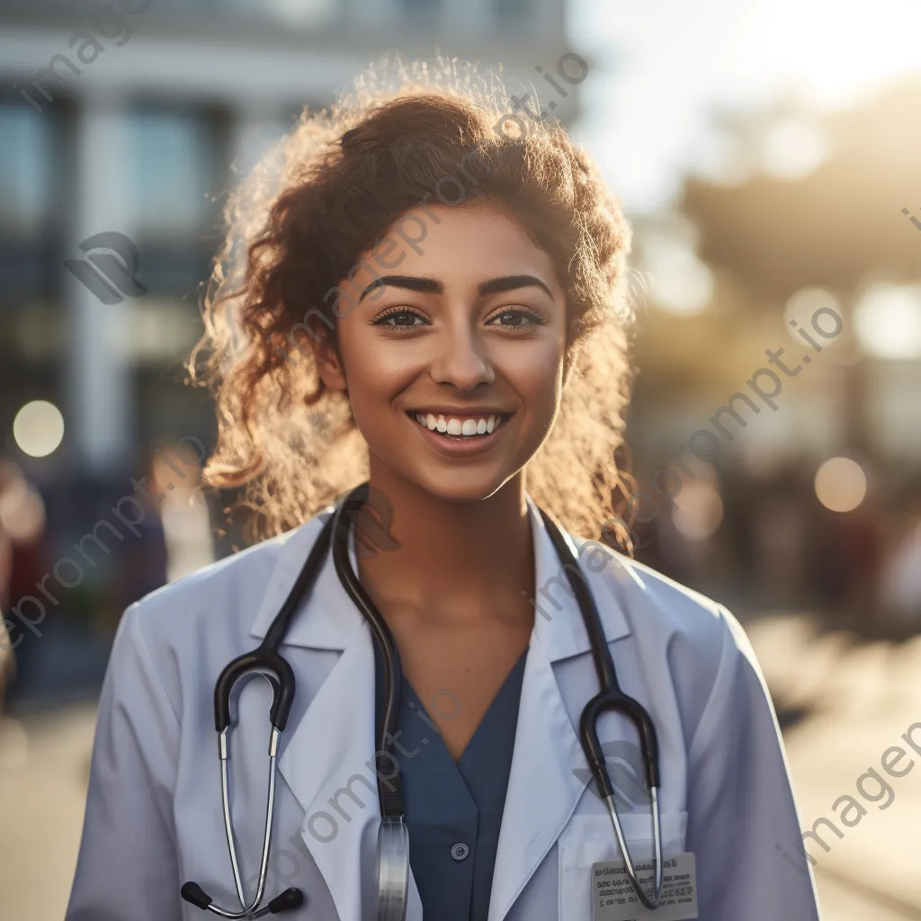 Female doctor smiling with stethoscope outside hospital - Image 2