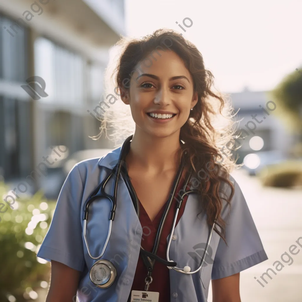 Female doctor smiling with stethoscope outside hospital - Image 3