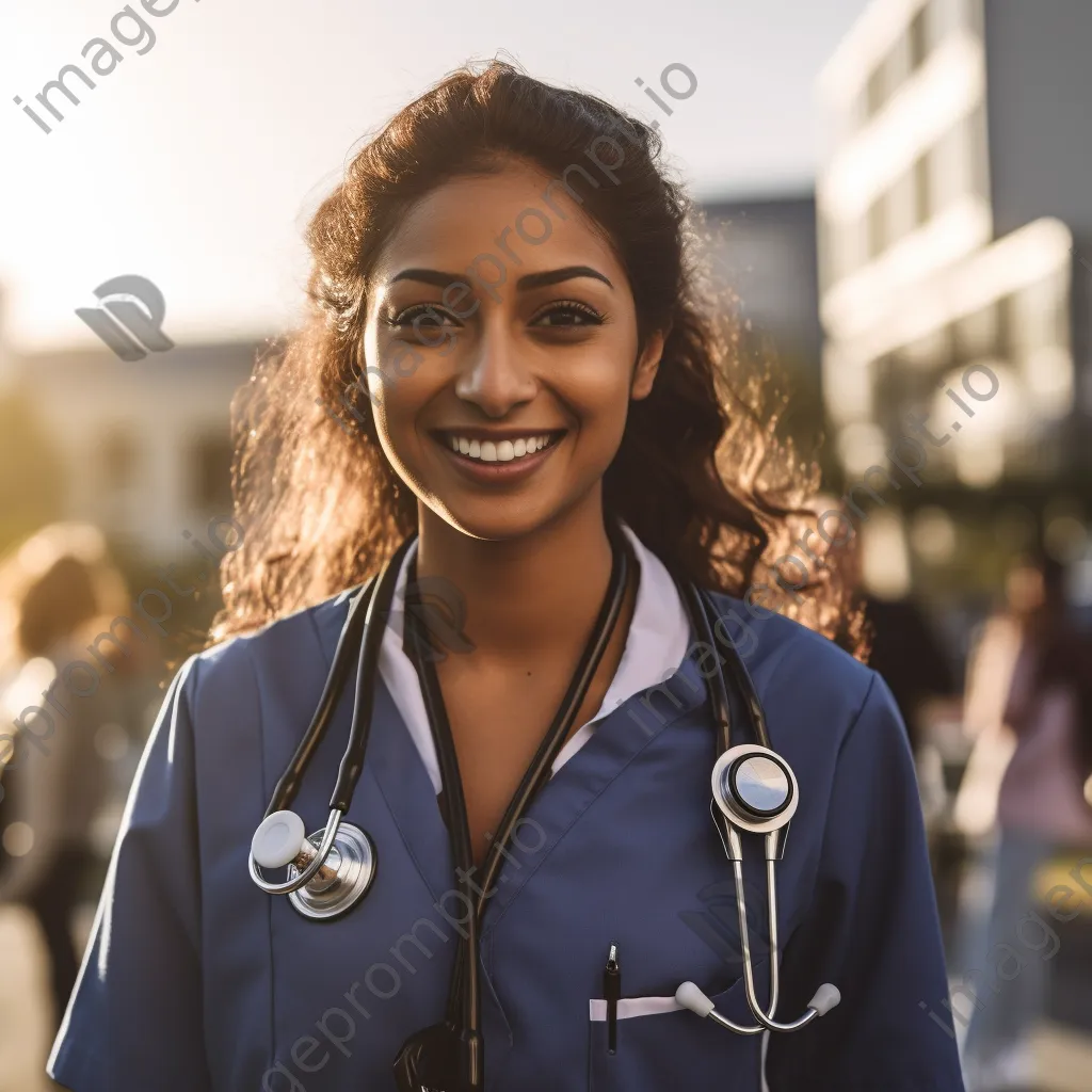 Female doctor smiling with stethoscope outside hospital - Image 4