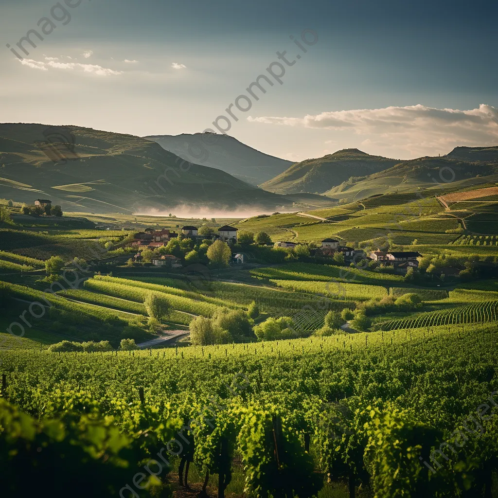 Scenic vineyard landscape with blossoming grapevines in spring. - Image 1