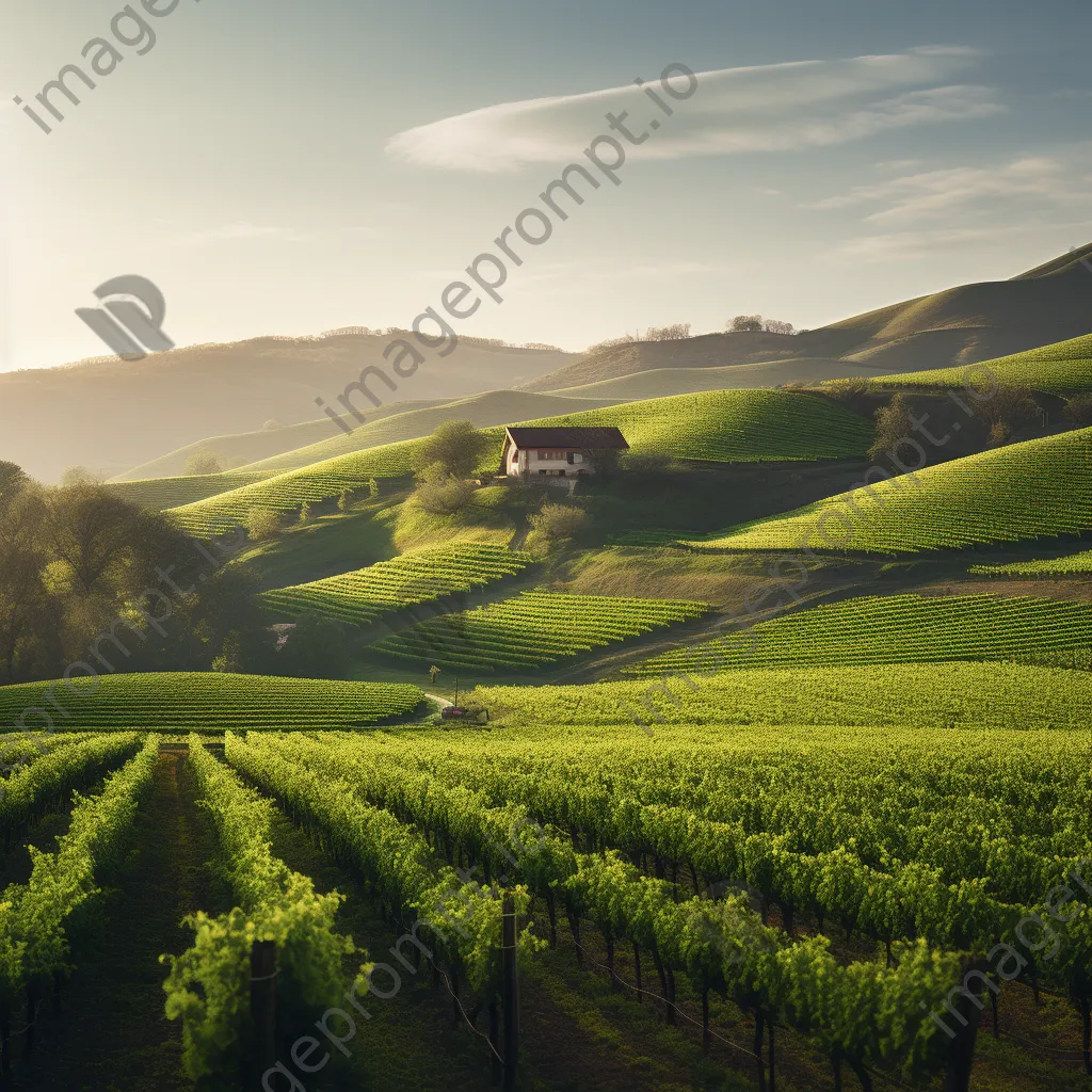 Scenic vineyard landscape with blossoming grapevines in spring. - Image 2