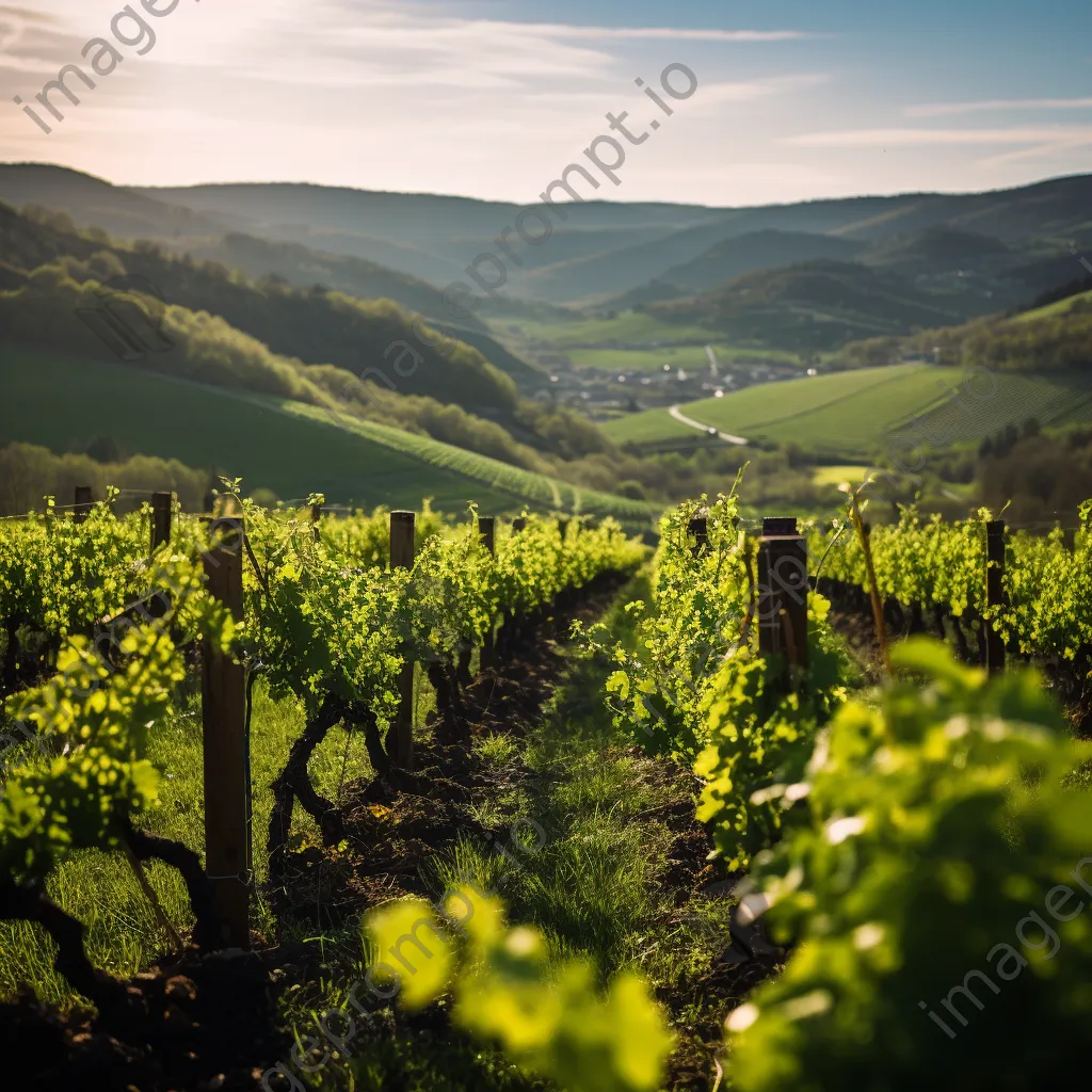 Scenic vineyard landscape with blossoming grapevines in spring. - Image 4