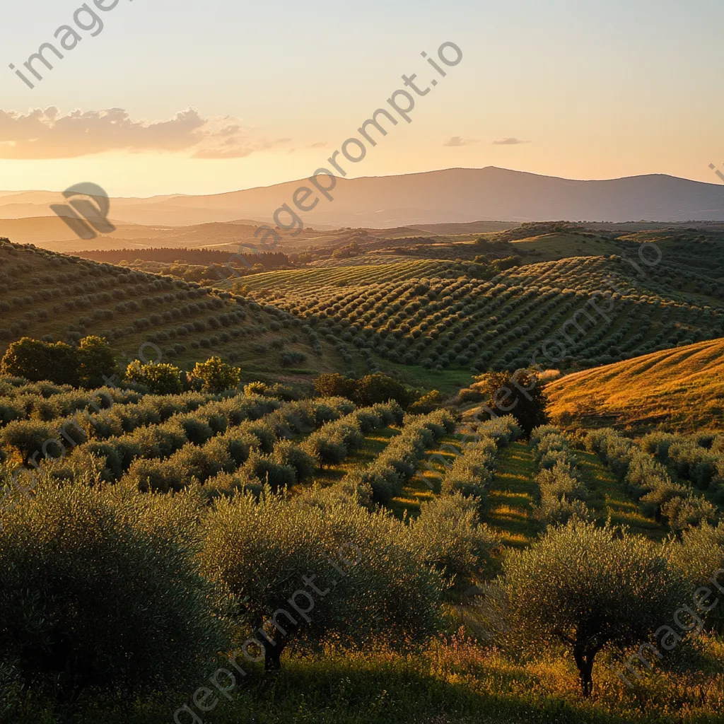 Rollings hills of olive trees at sunset creating a picturesque view. - Image 1