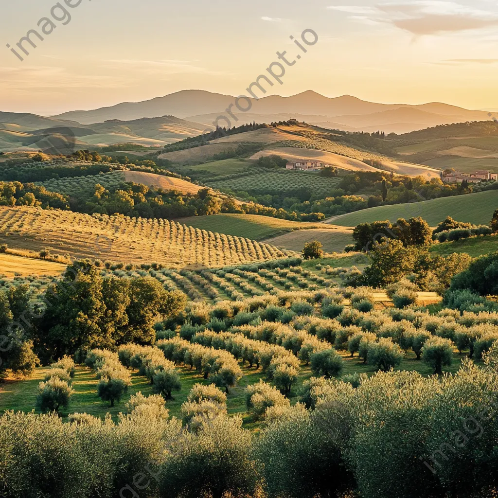 Rollings hills of olive trees at sunset creating a picturesque view. - Image 2