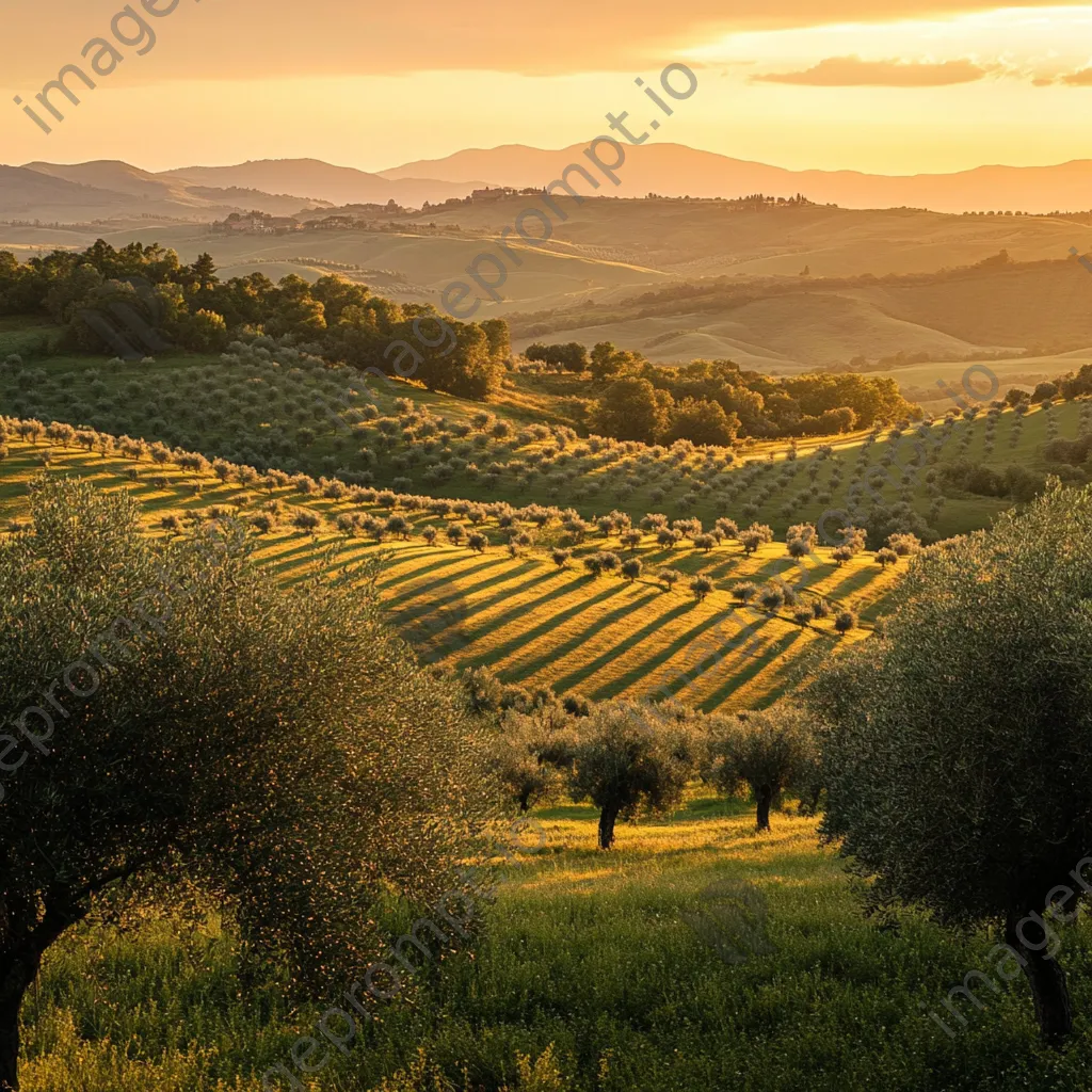 Rollings hills of olive trees at sunset creating a picturesque view. - Image 3