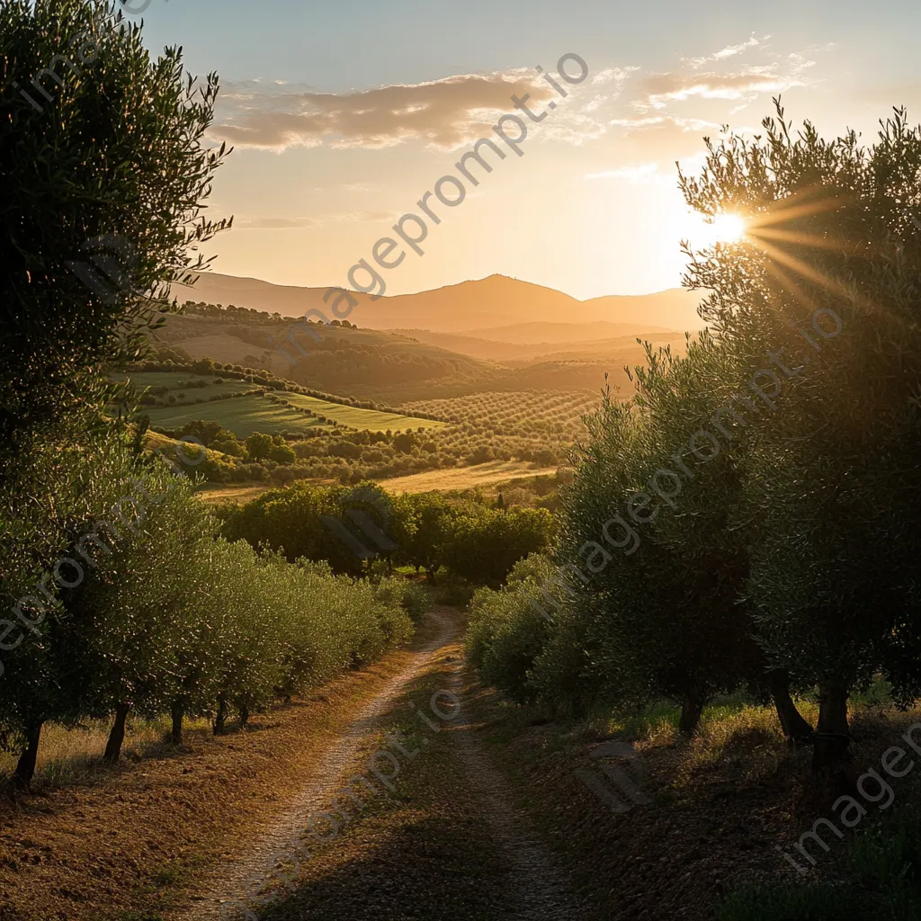 Rollings hills of olive trees at sunset creating a picturesque view. - Image 4