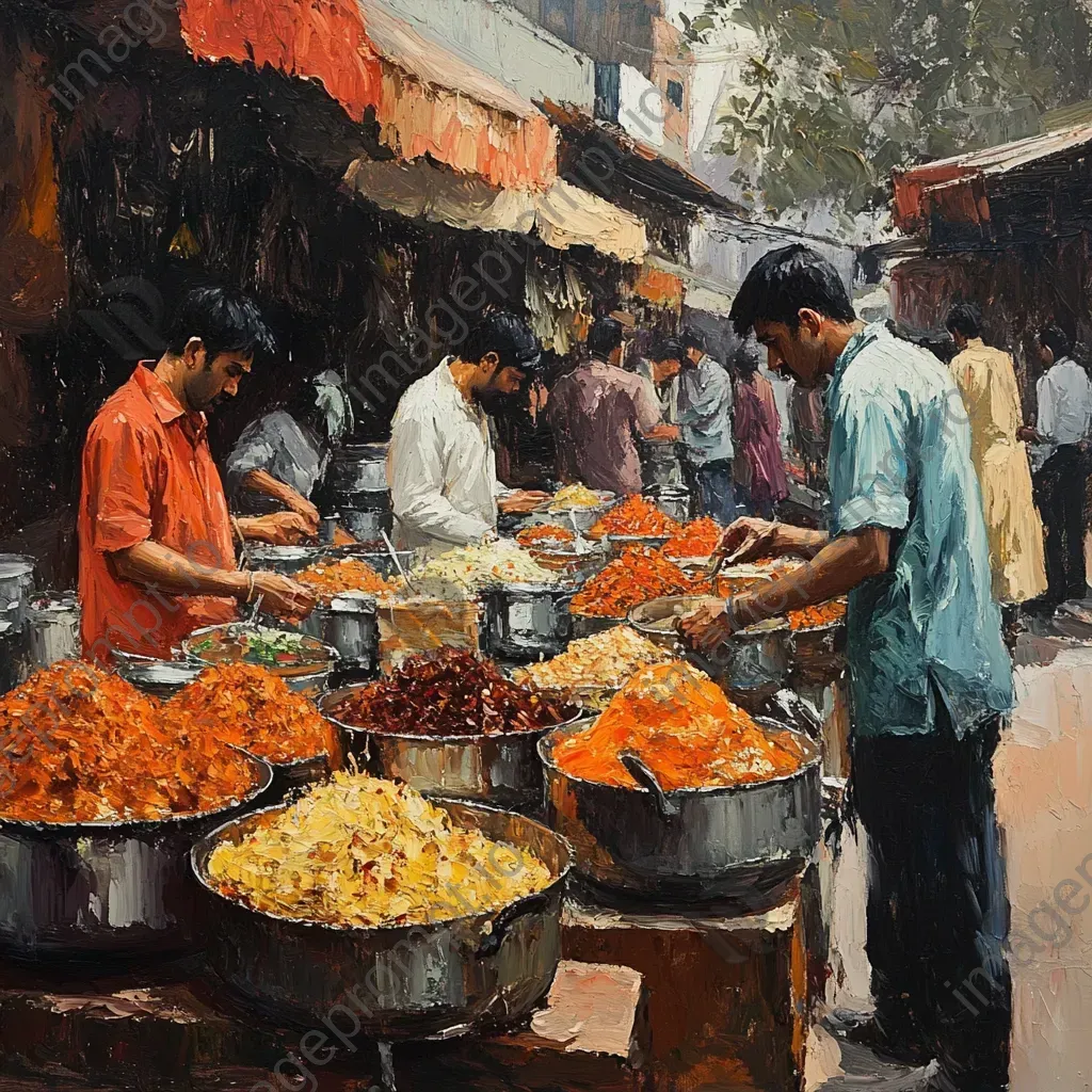 Vibrant Indian street food scene with signs of chaat and samosa stalls - Image 2