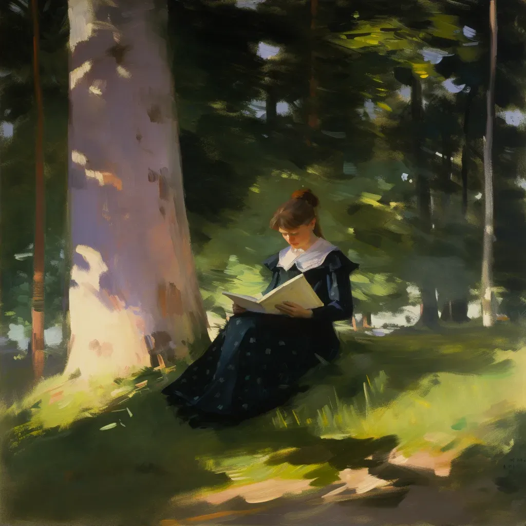 Woman reading a book in a serene forest glade symbolizing intellectual exploration - Image 2