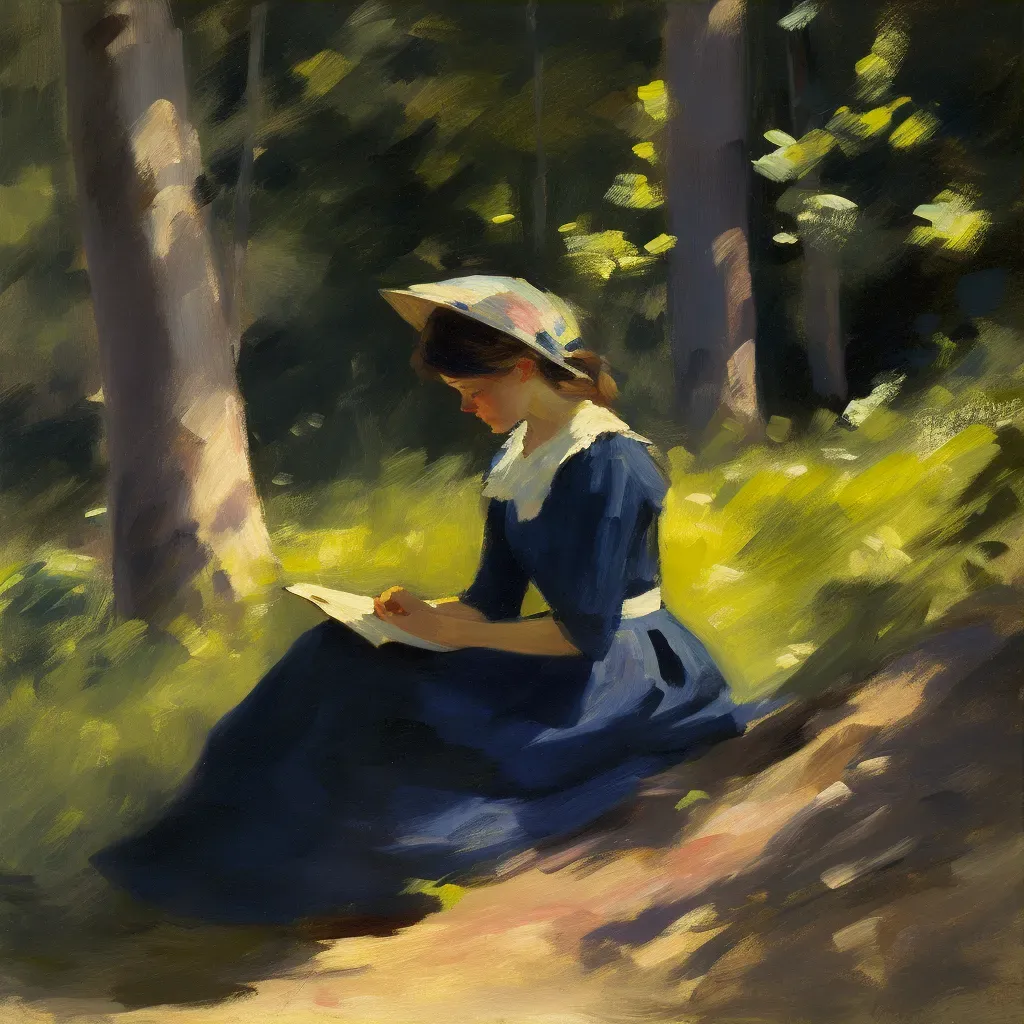 Woman reading a book in a serene forest glade symbolizing intellectual exploration - Image 3