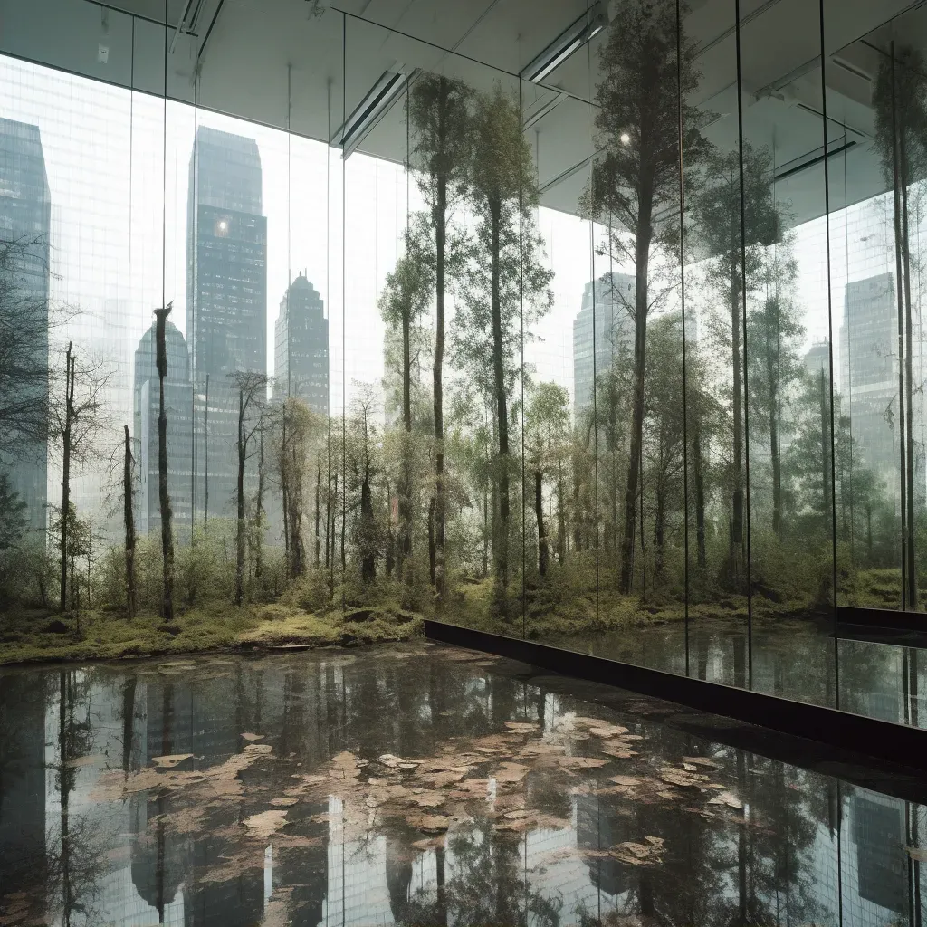 Cityscape transitioning into a tranquil forest in glass skyscraper reflection - Image 2