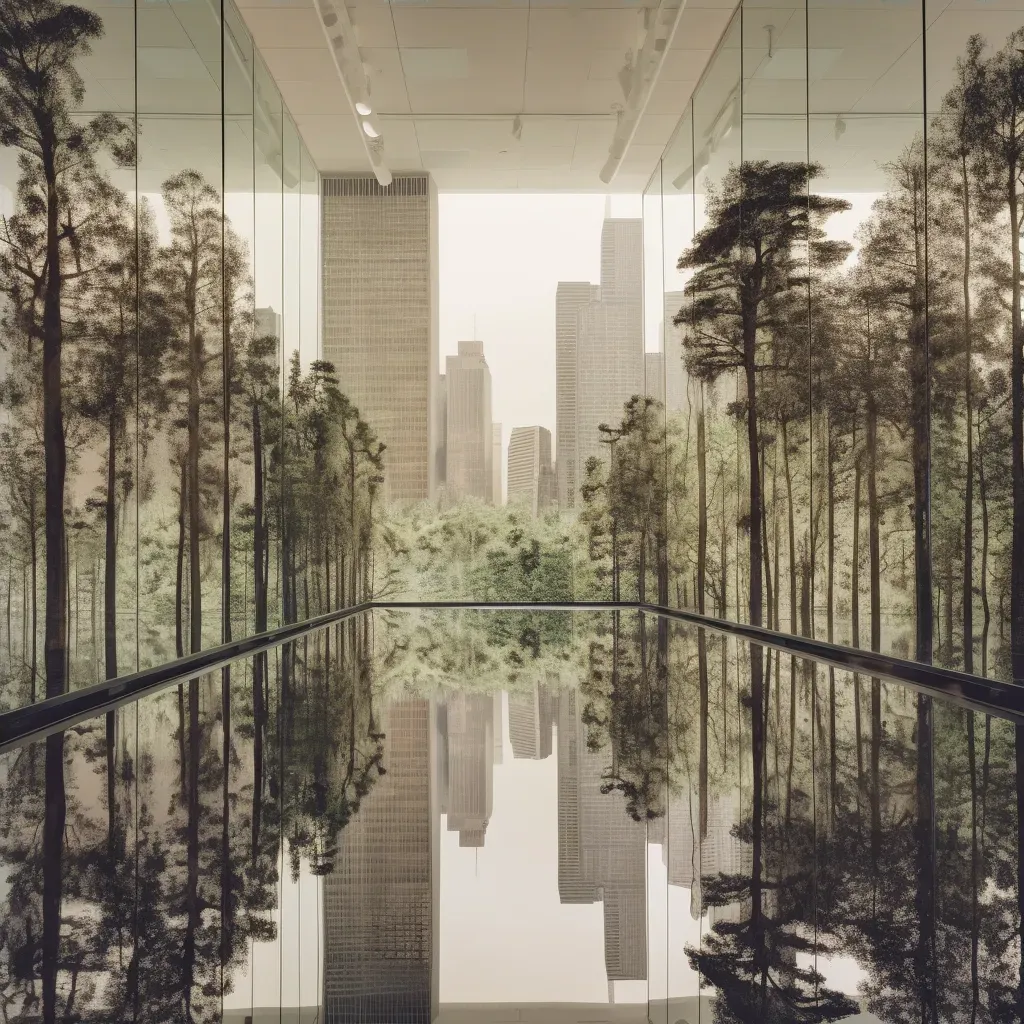 Cityscape transitioning into a tranquil forest in glass skyscraper reflection - Image 4