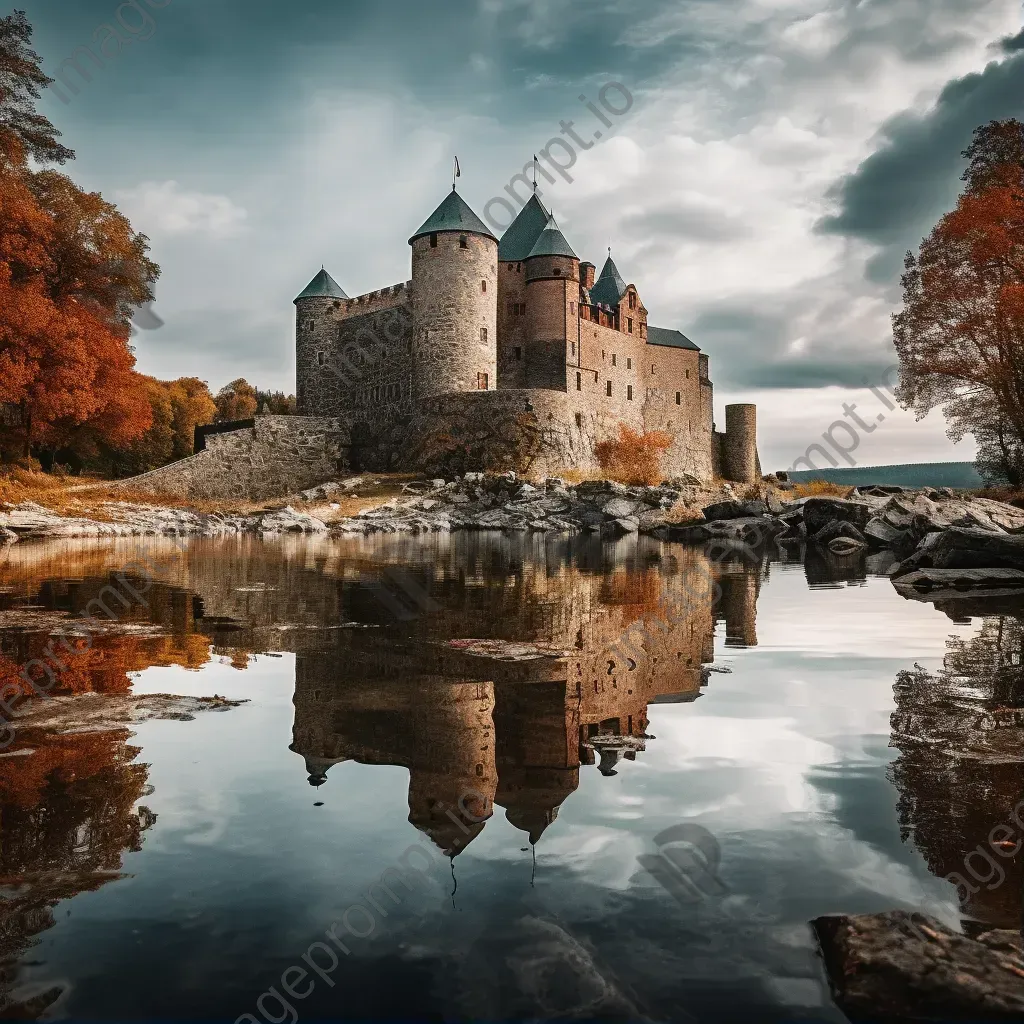 Historic castle on lake island with reflections - Image 1