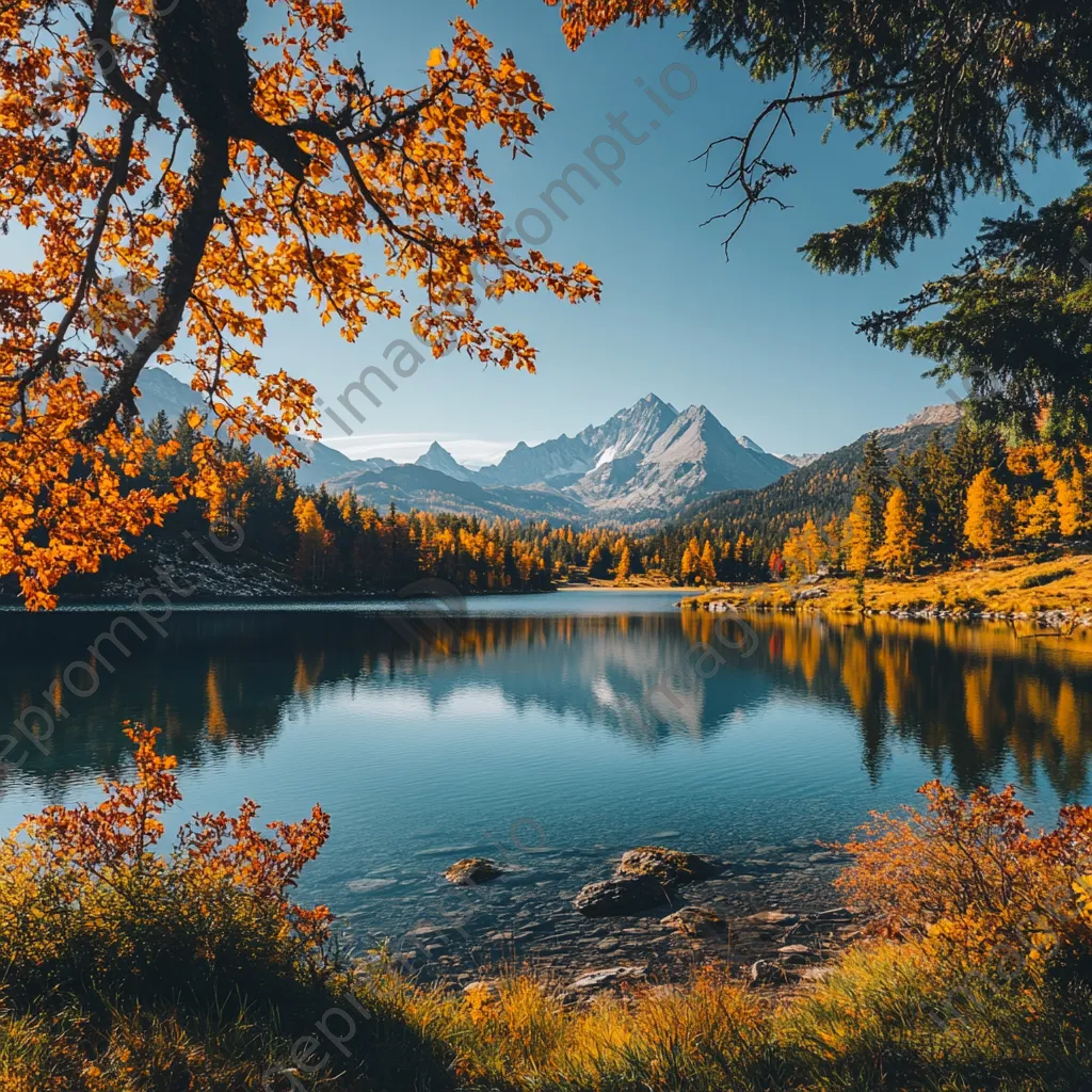 Enchanting alpine lake surrounded by colorful autumn trees - Image 1