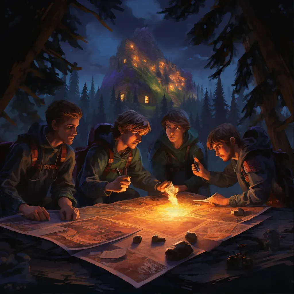 Group of adventurers by a campfire in a mystical forest consulting a map - Image 1