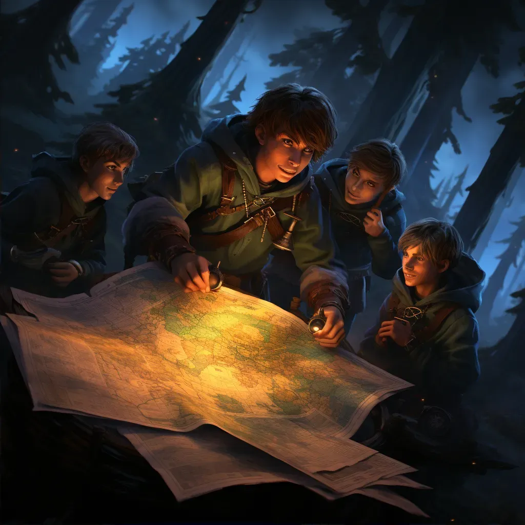 Group of adventurers by a campfire in a mystical forest consulting a map - Image 2