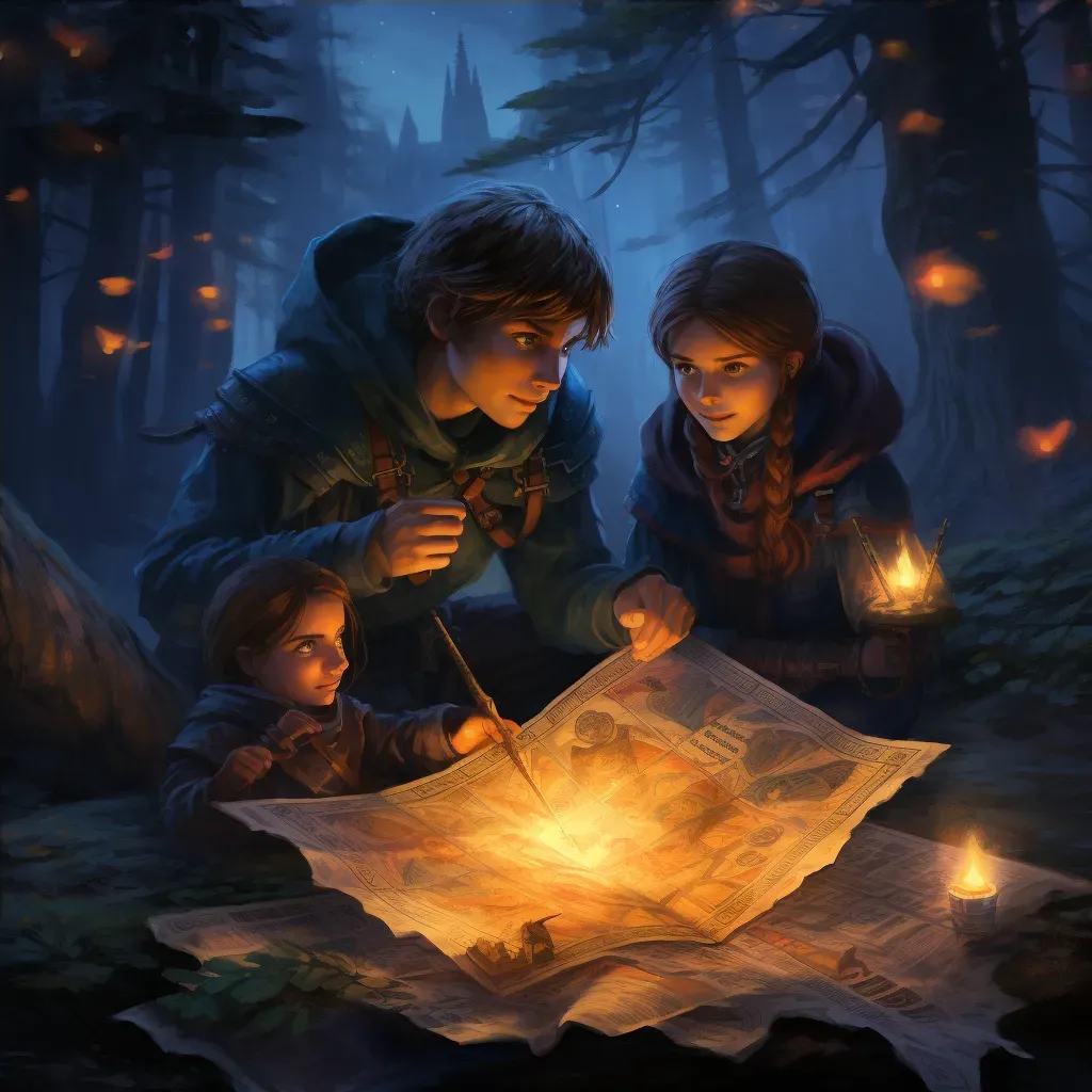 Group of adventurers by a campfire in a mystical forest consulting a map - Image 4