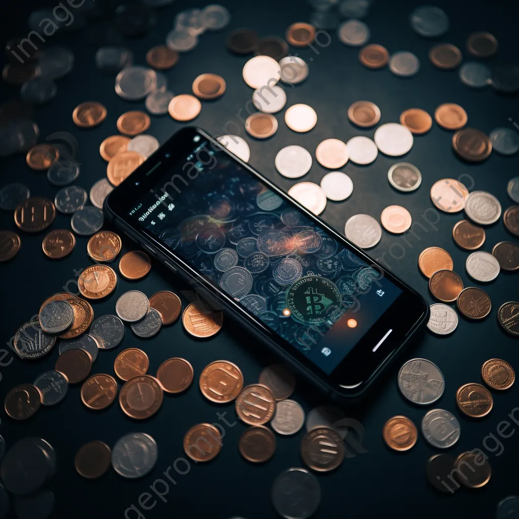 Smartphone displaying a digital wallet with cryptocurrency coins around it - Image 1