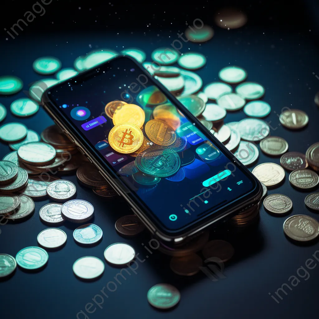 Smartphone displaying a digital wallet with cryptocurrency coins around it - Image 2