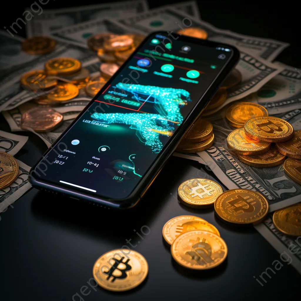 Smartphone displaying a digital wallet with cryptocurrency coins around it - Image 4