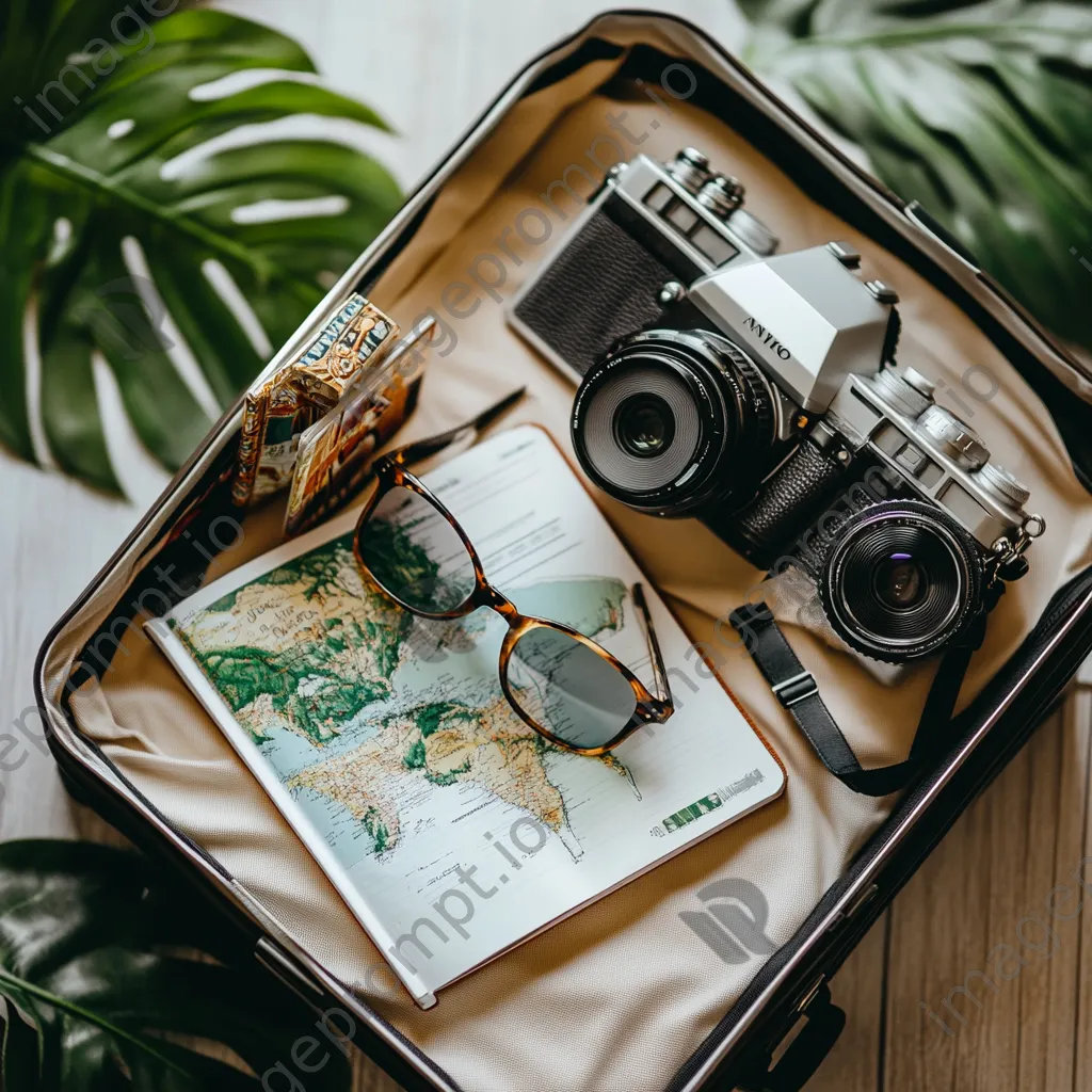 Overhead view of a packed suitcase with travel essentials - Image 1