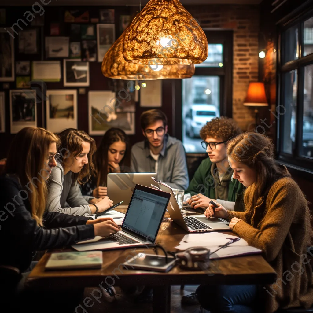 Group of students engaged in study session at a cafe table. - Image 2