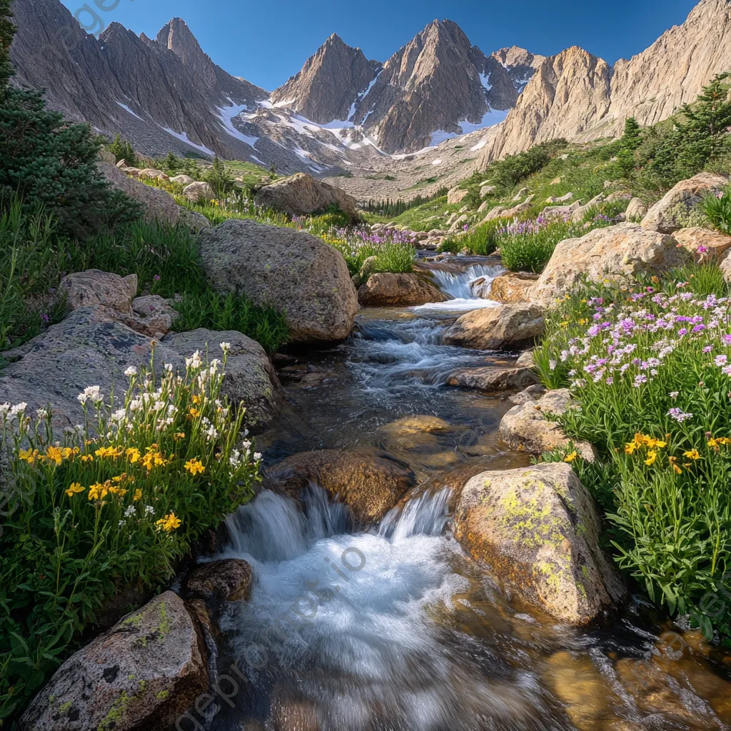 Rugged mountain stream surrounded by jagged peaks and colorful wildflowers. - Image 1