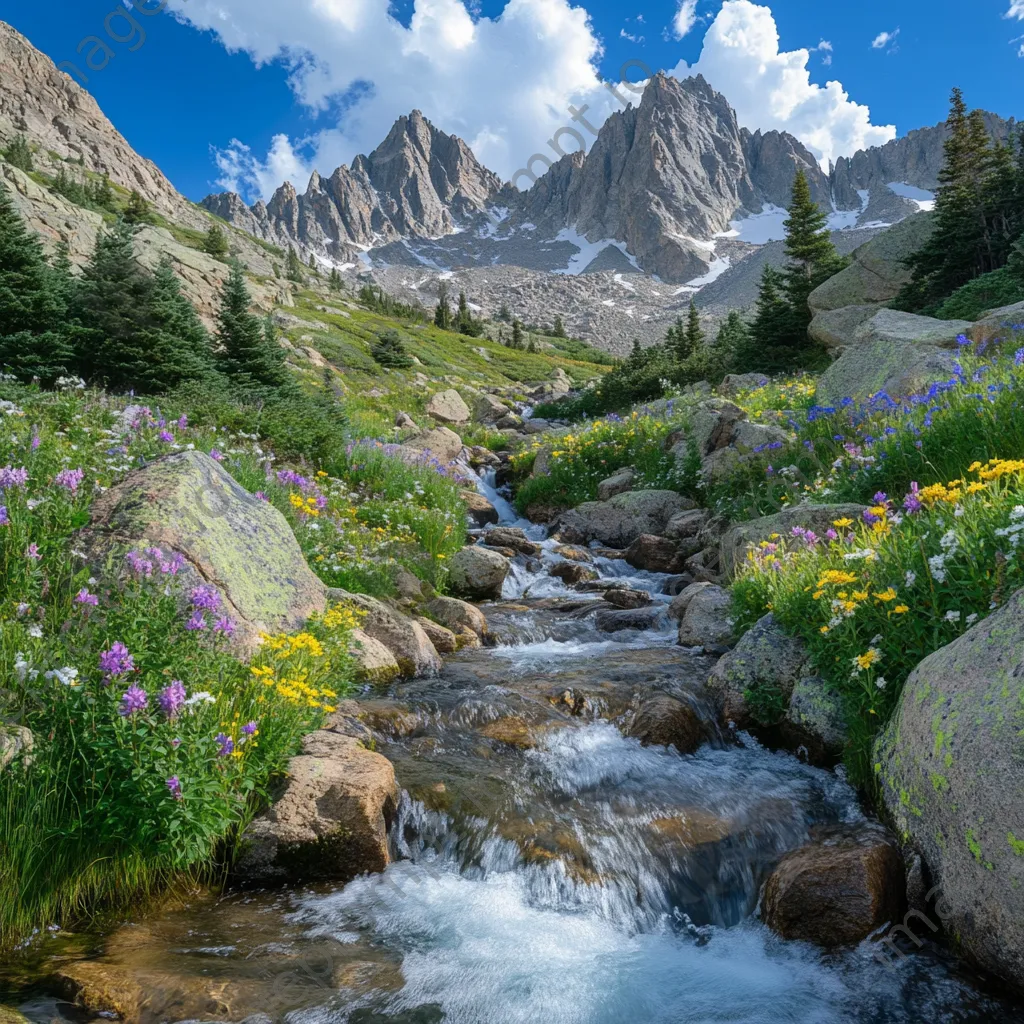 Rugged mountain stream surrounded by jagged peaks and colorful wildflowers. - Image 2