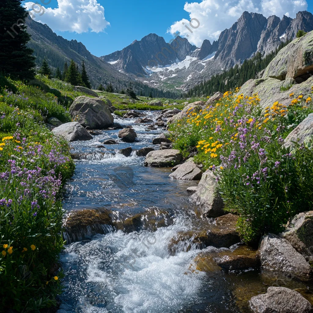 Rugged mountain stream surrounded by jagged peaks and colorful wildflowers. - Image 4