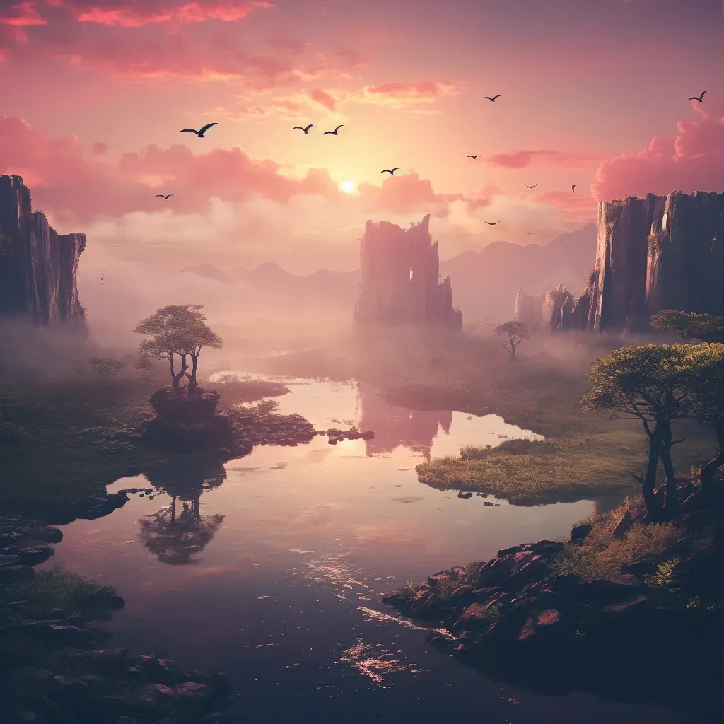 Peaceful ethereal realm with floating islands under pastel sunrise - Image 1