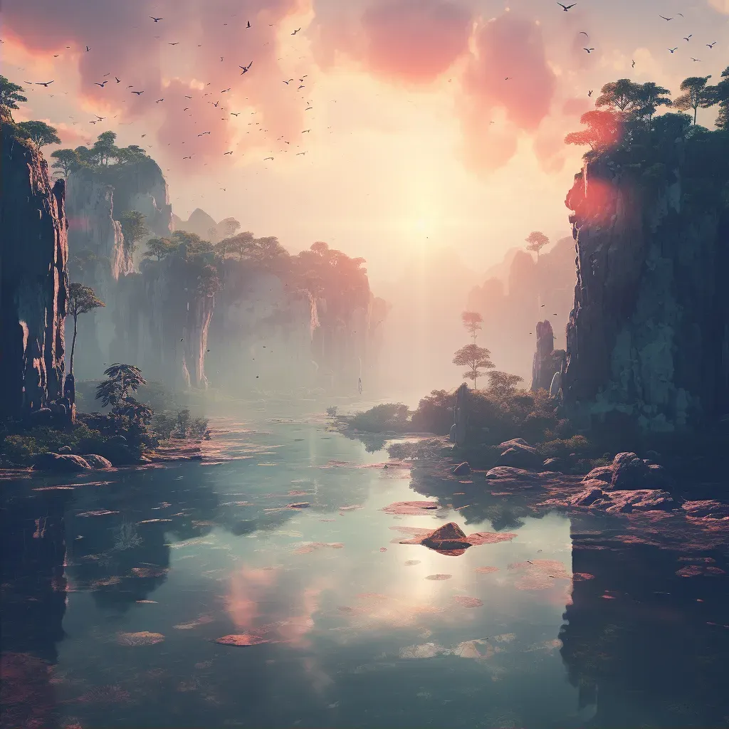 Peaceful ethereal realm with floating islands under pastel sunrise - Image 2