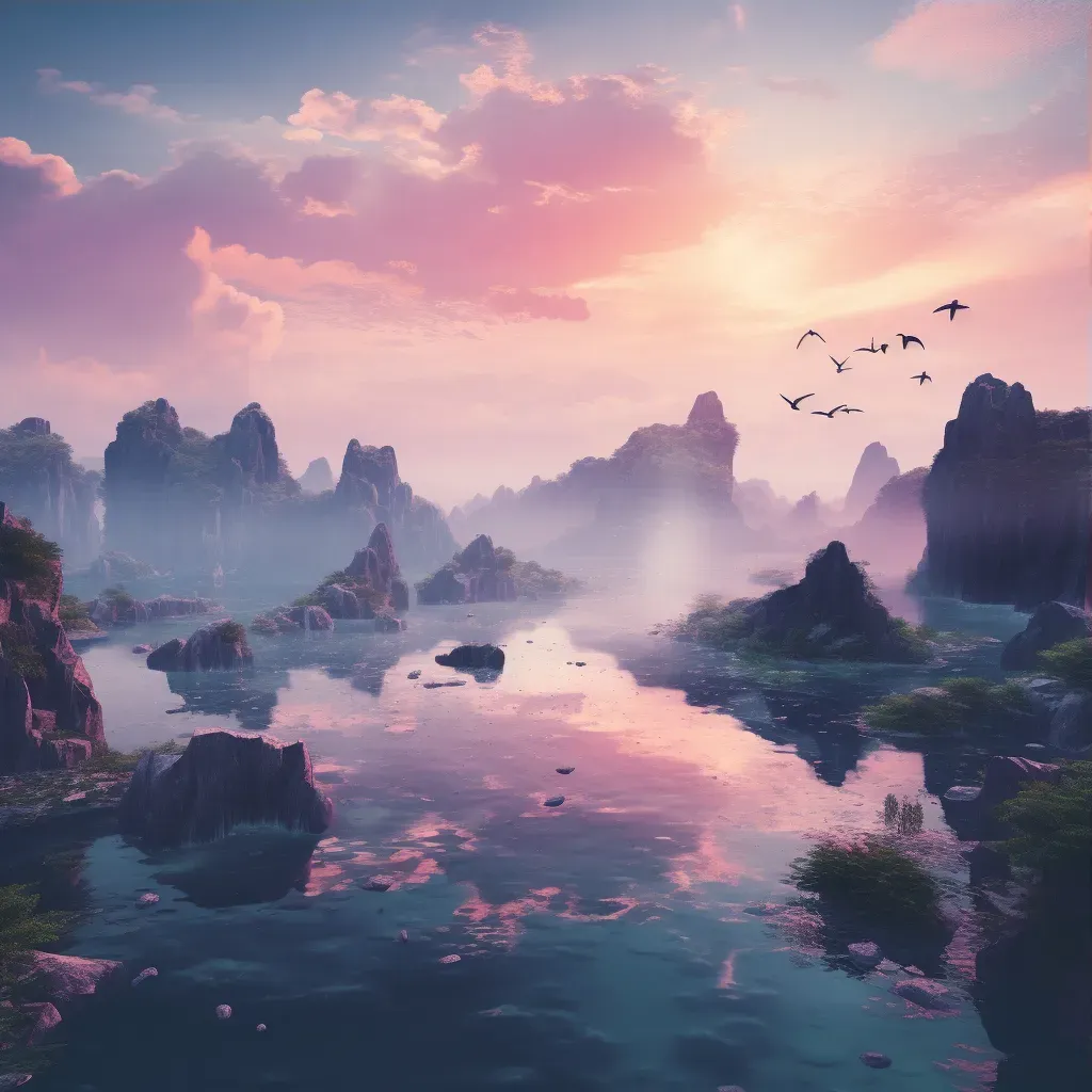 Peaceful ethereal realm with floating islands under pastel sunrise - Image 3