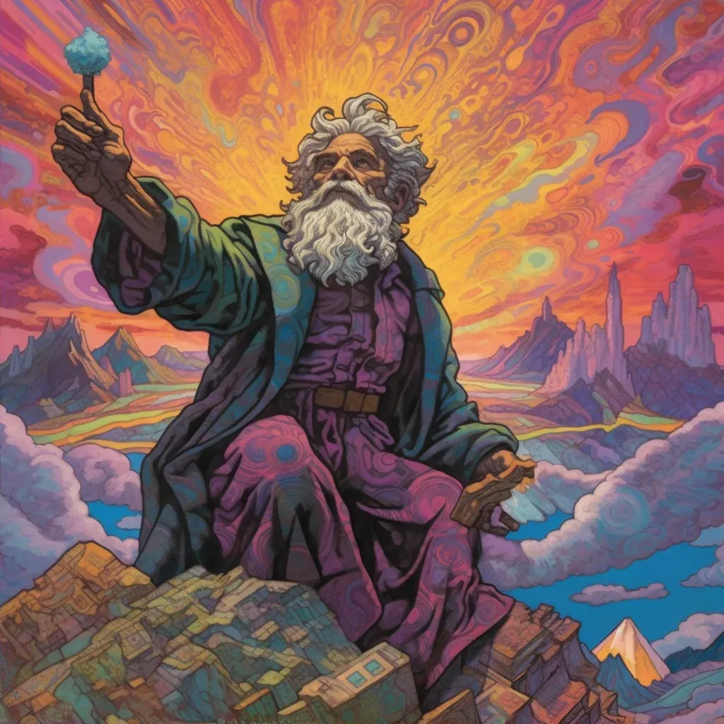 Image of an old hermit on a mountain peak under a vibrant sky with swirling colors - Image 2