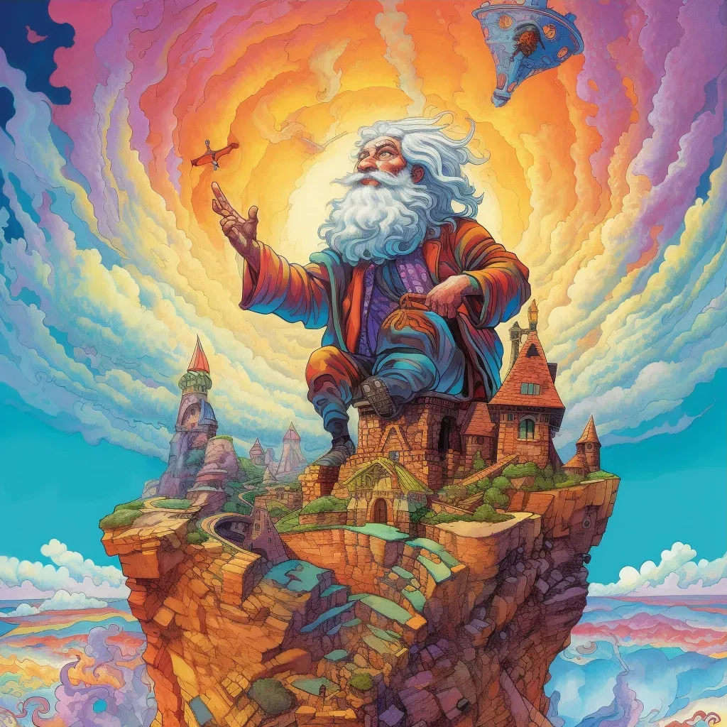 Image of an old hermit on a mountain peak under a vibrant sky with swirling colors - Image 3