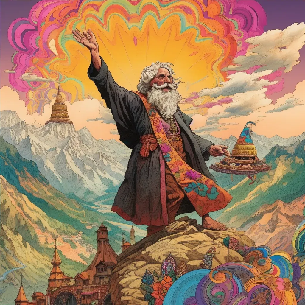 Image of an old hermit on a mountain peak under a vibrant sky with swirling colors - Image 4